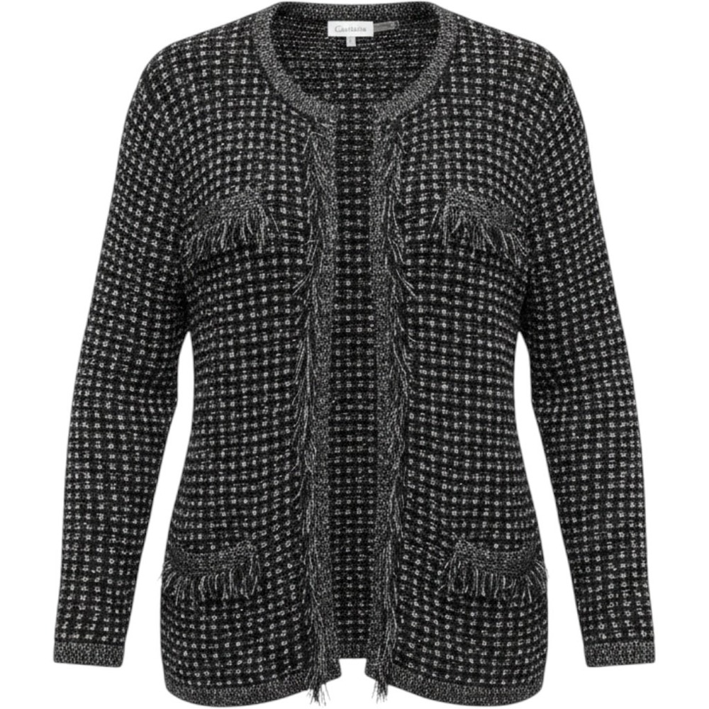 Calvin Klein Fringe Trim Tweed Knit Cardigan Sweater L Black White Hook Eye